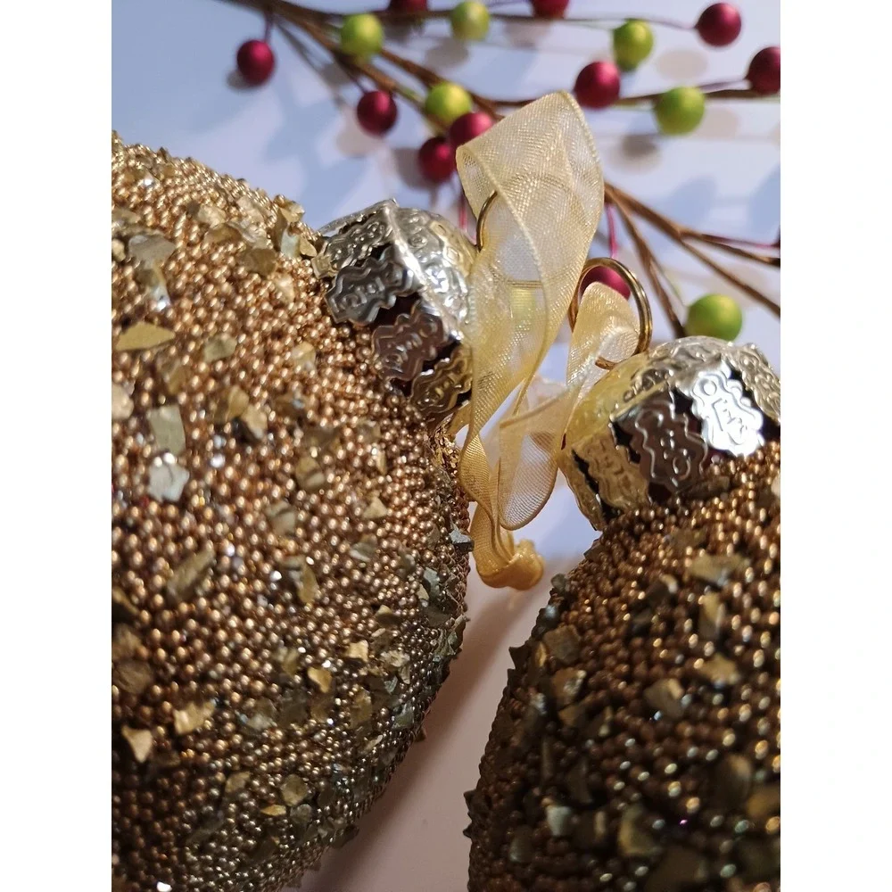 Pair Of Frontgate Glass Christmas‎ Ornaments Red And Gold Beaded Embellished